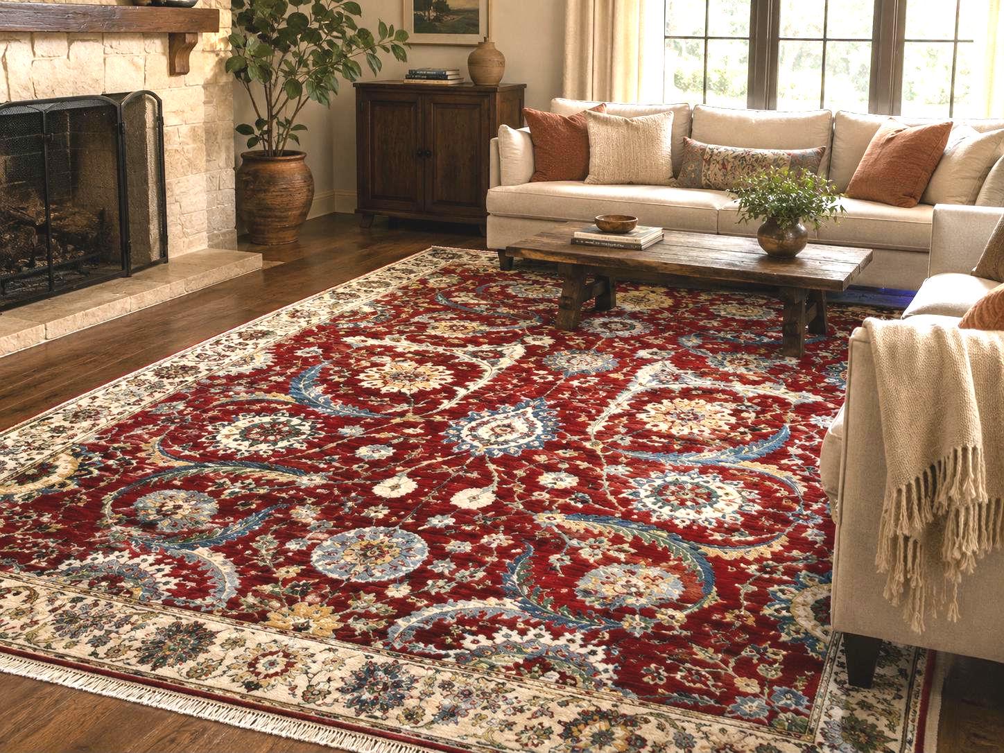 Red Hand Knotted Wool Ziegler Rug, Traditional Oriental Area Rug, Vintage Persian Style Carpet, Handmade Luxury Rug