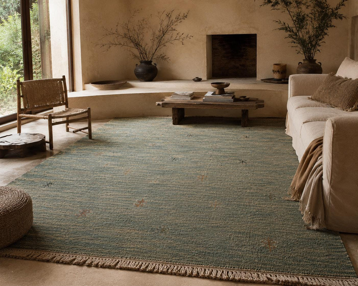 Hand-Knotted Gabbeh Wool Rug – Persian Tribal Thick Pile Rug, Muted Teal/Sage