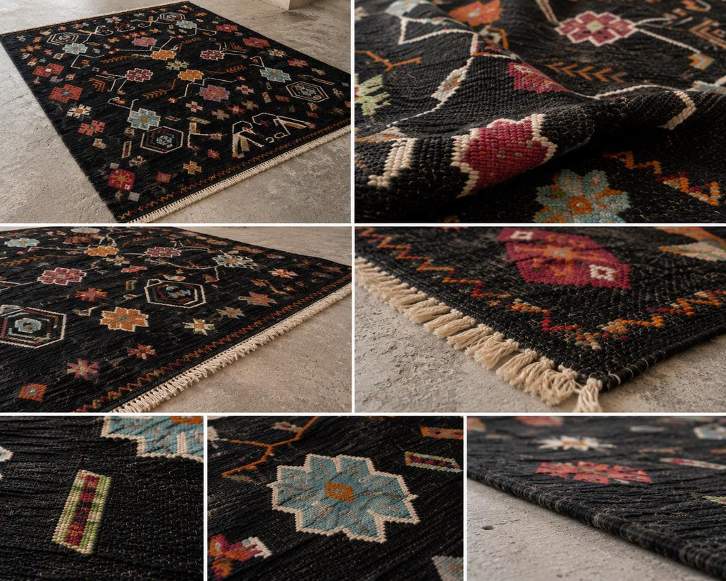 Handwoven Black Wool Kilim Rug, Reversible Flatweave Rug, Tribal Geometric Area Rug, Southwestern Kilim Carpet, Handmade Boho Decor Rug,