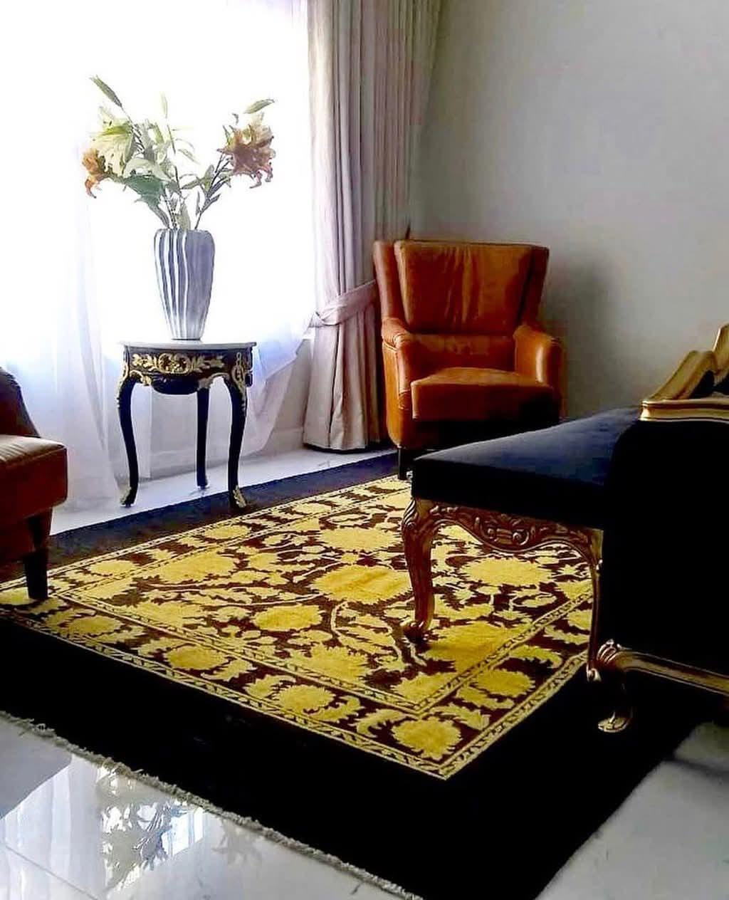 Hand-Knotted Ziegler Chobi Wool Rug – Traditional Floral Bordered Design, Black & Mustard Gold