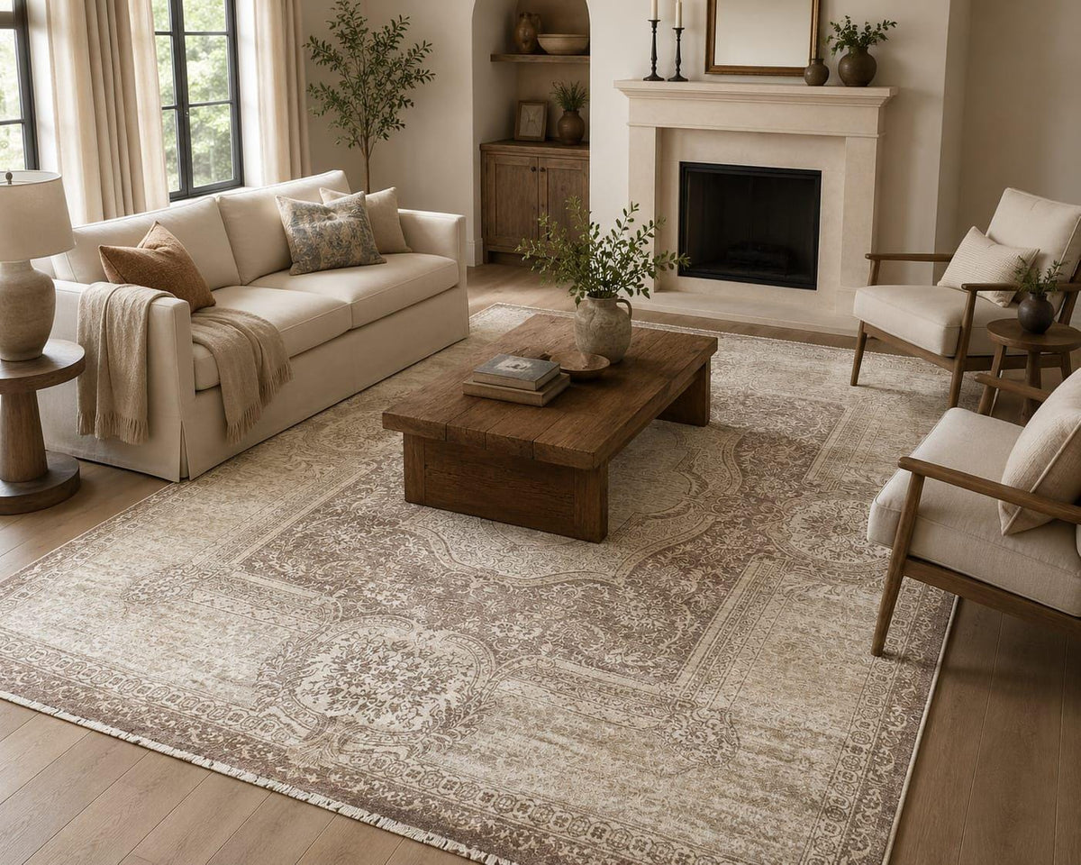 Hand-Knotted Vintage Distressed Wool Rug – Antique Wash Medallion Design, Beige/Neutral