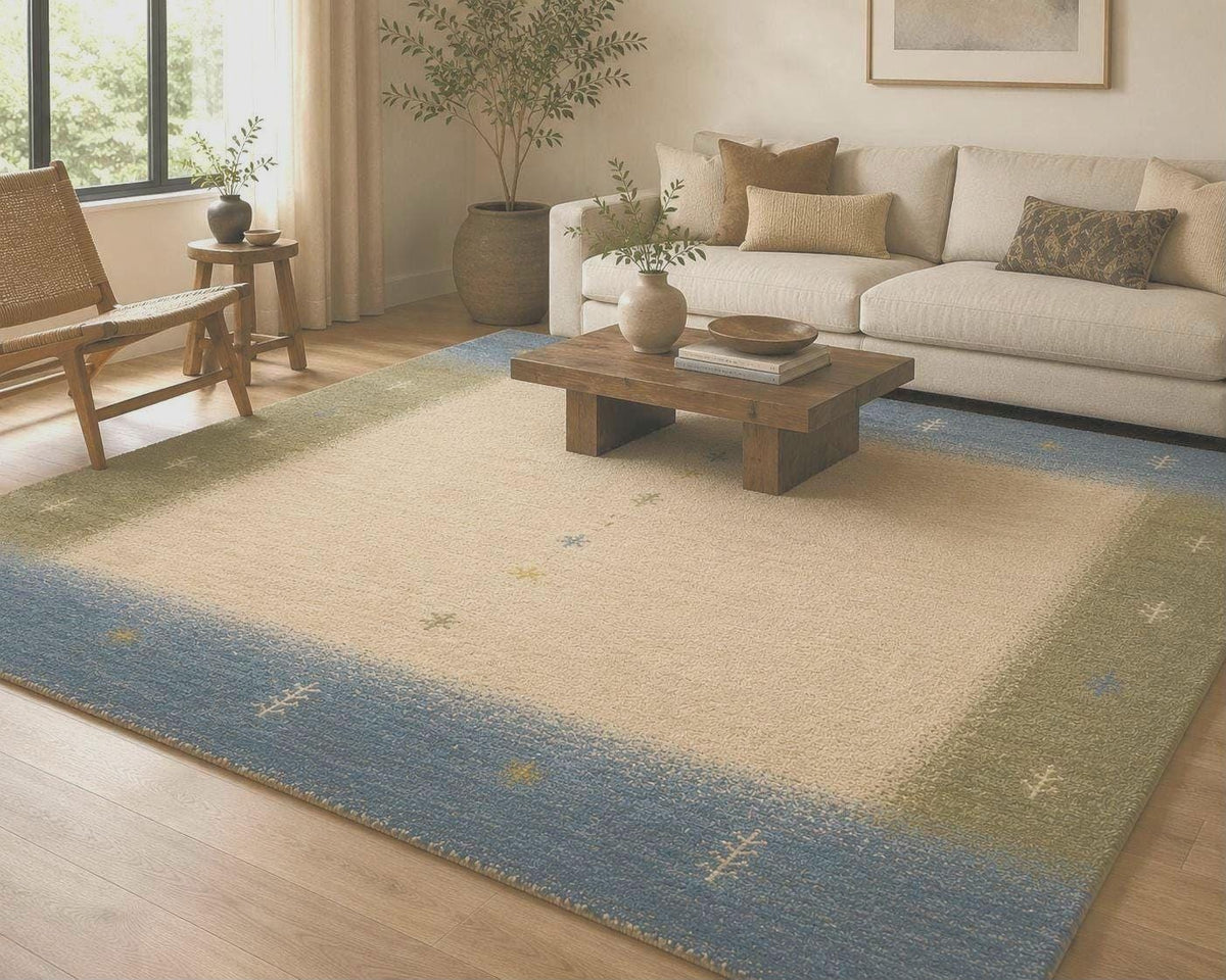 Hand-Knotted Gabbeh Wool Rug – Scandinavian Minimalist Plush Pile Design, Ivory, Cream, Blue & Sage Green