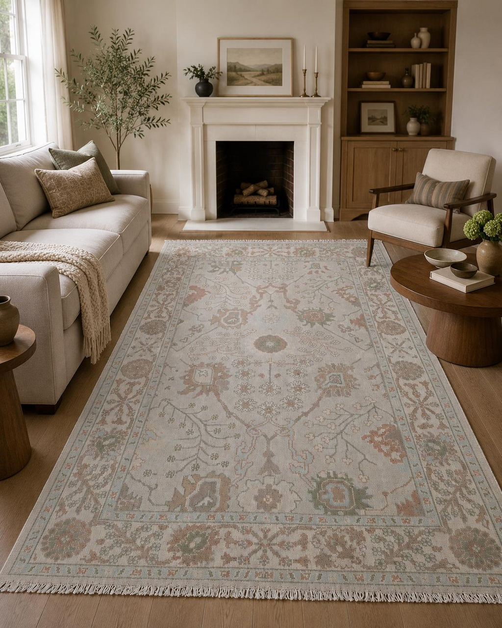 Vintage Pastel Oushak Rug 7x9ft – Handmade Turkish Style Wool Rug,  – Soft Sage, Blush & Ivory Area Rug – Traditional Floral Oushak Carpet