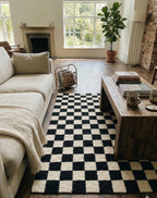 Checkered  Black Geometrical kilim rug, black and cream runner rug,