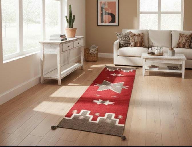 Red kitchen rug, Native American Runner Rug 3x12 ft | Tribal Geometric Flatweave Hallway Runner, wool staircase runner