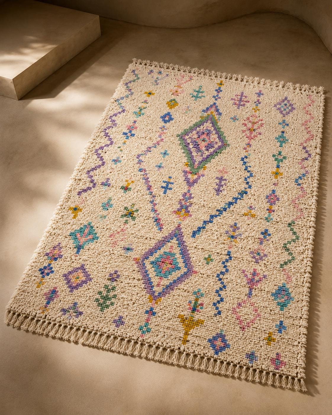 Hand-Knotted Azilal Wool Rug – Muted Pastel Ivory