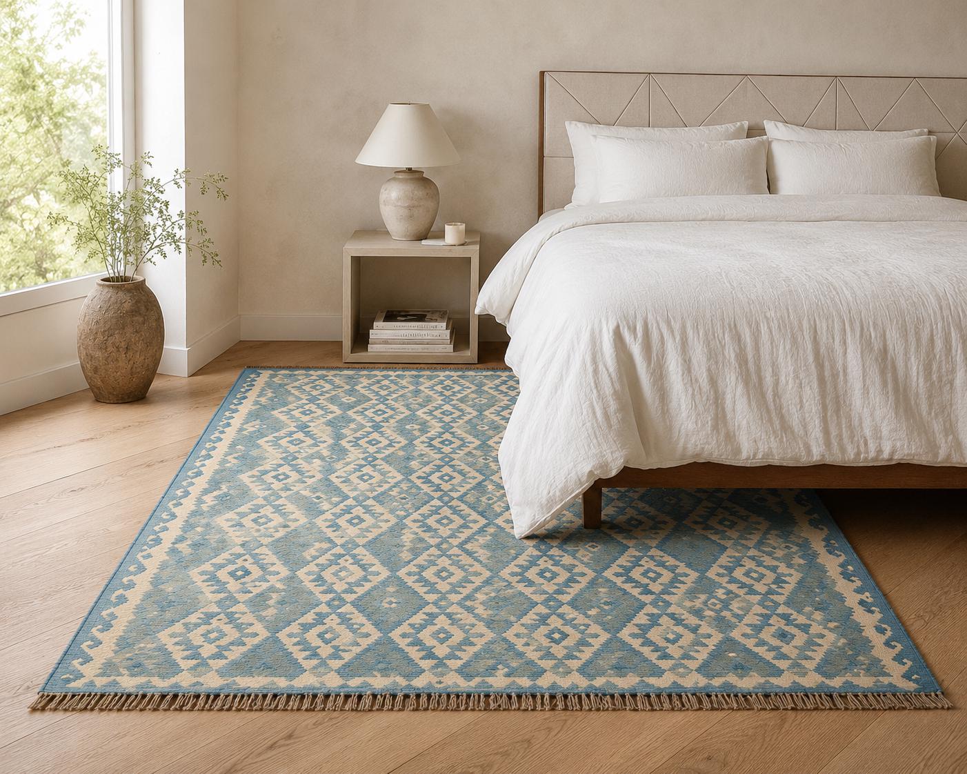 blue and ivory Handwoven Wool Kilim Rug, large Kilim for bedroom, Rustic Boho Tribal Flatweave,
