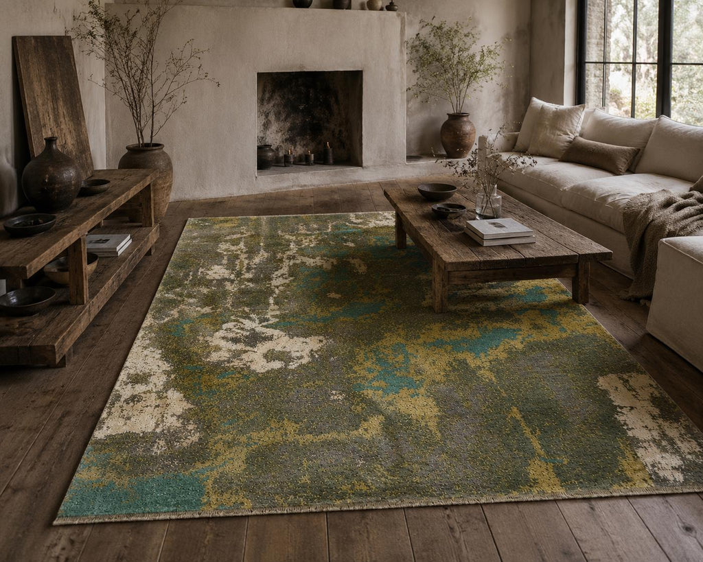 Abstract hand knotted modern wool rug,  green and yellow Modern Contemporary Statement area Rug