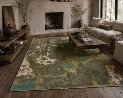 Abstract hand knotted modern wool rug,  green and yellow Modern Contemporary Statement area Rug