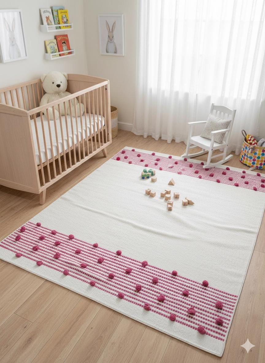 Handwoven Cotton Kilim Rug, Pink Scandinavian Nursery Rug, 4x6 ft