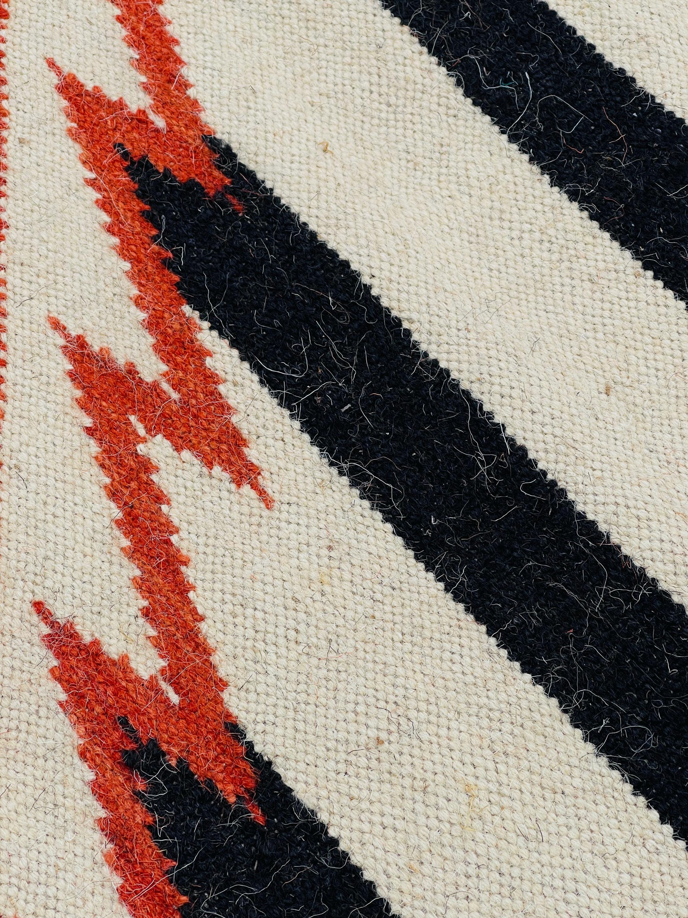 black white and orange  aztec wool  Rug - striped wool kilim,  100%wool rug , 8x10 black and cream rug,