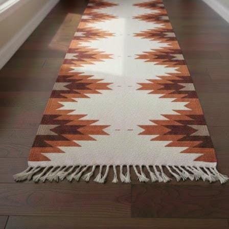Brown Rust kilim Runner Rug | Handmade Staircase Rug| Tribal Kitchen Runner | Boho Corridor Rug | Wool Aztec Hallway Runner