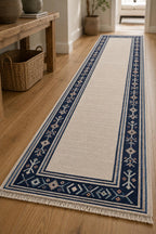 Beige and blue  Handwoven Wool Kilim Rug, blue bordered Kilim for bedroom, Rustic Boho Tribal Flatweave,