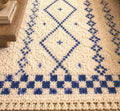 Luxury Handmade Wool Rug – Ivory & Cobalt Blue Tribal Berber Rug, Checkerboard Area Carpet, Scandinavian rug, Artisan Moroccan inspired Rug