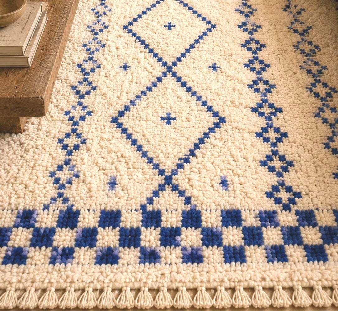 Luxury Handmade Wool Rug – Ivory & Cobalt Blue Tribal Berber Rug, Checkerboard Area Carpet, Scandinavian rug, Artisan Moroccan inspired Rug