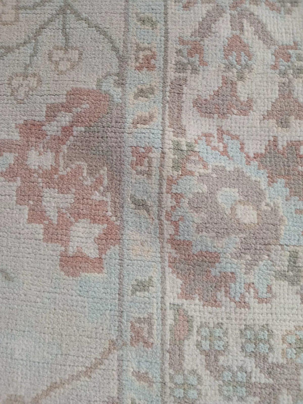 Vintage Pastel Oushak Rug 7x9ft – Handmade Turkish Style Wool Rug,  – Soft Sage, Blush & Ivory Area Rug – Traditional Floral Oushak Carpet