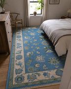 blue Hand Knotted oushak rug, floral woolen rug, Traditional persian Style rug, blue carpet