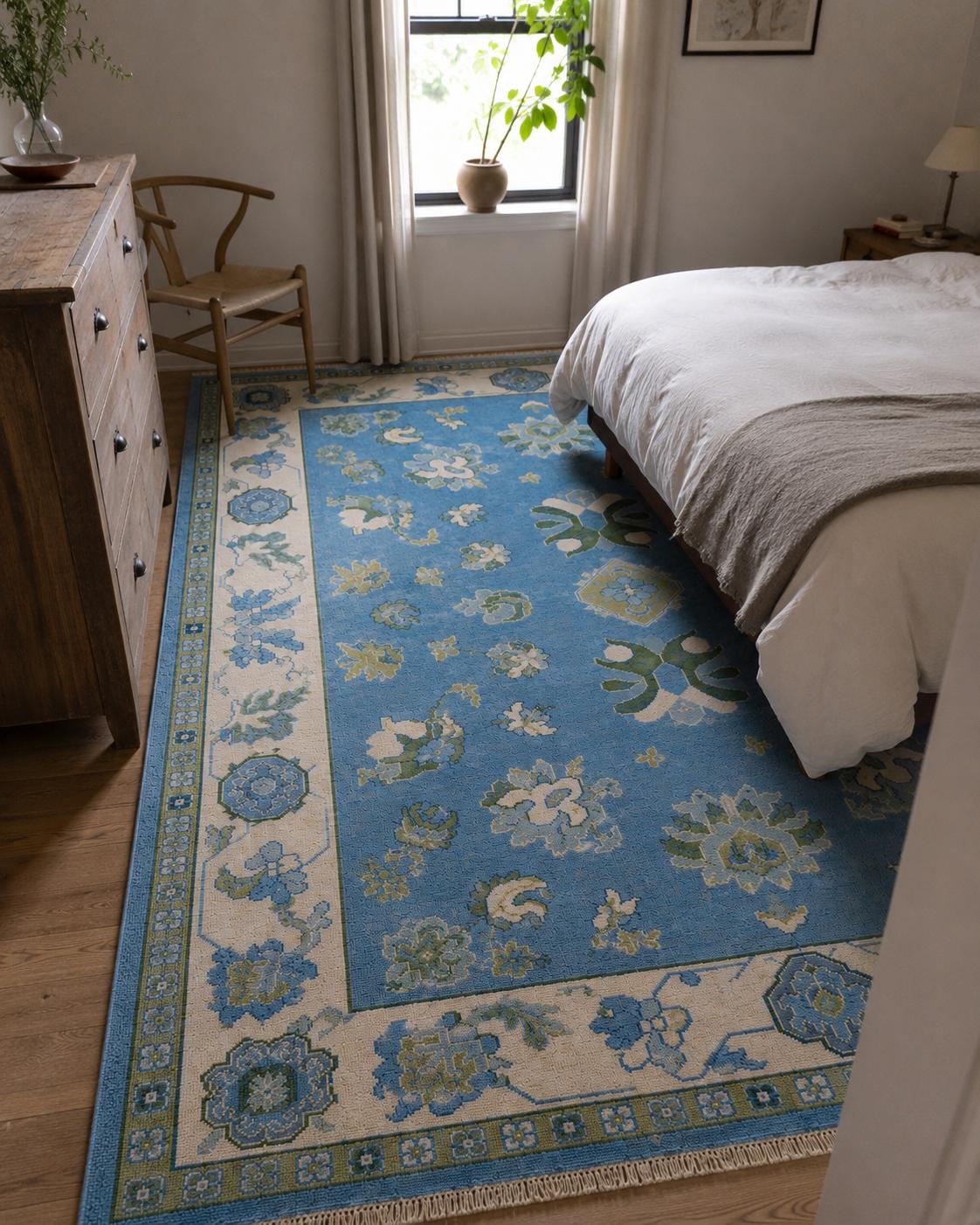 blue Hand Knotted oushak rug, floral woolen rug, Traditional persian Style rug, blue carpet