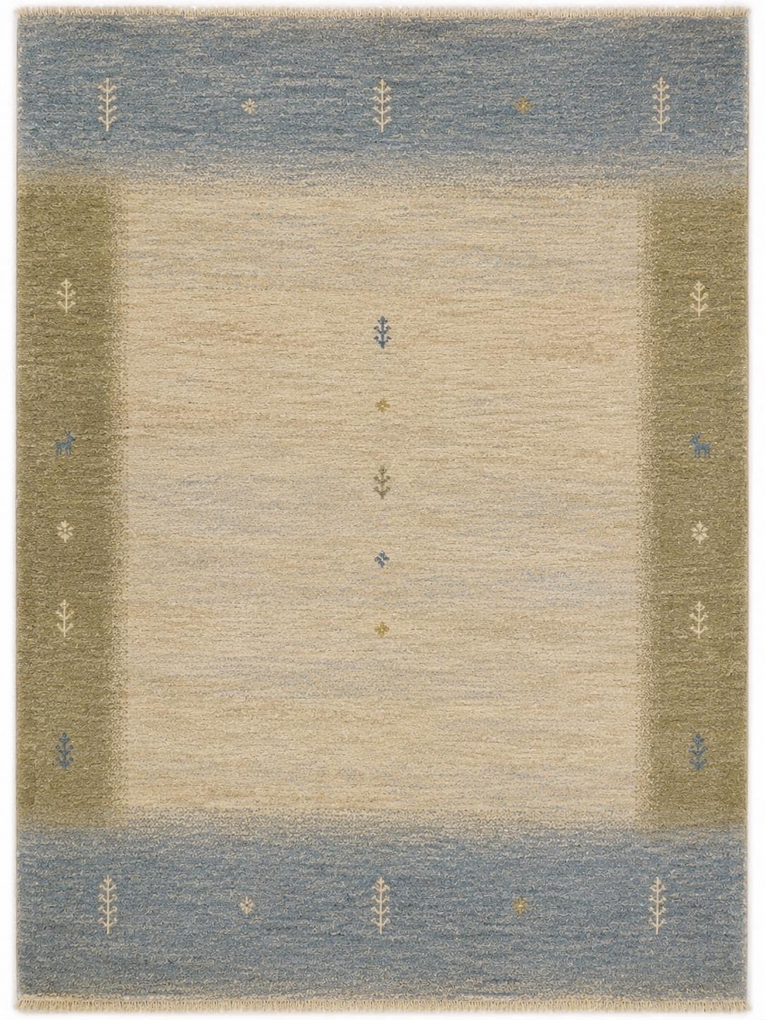 Hand-Knotted Gabbeh Wool Rug – Scandinavian Minimalist Plush Pile Design, Ivory, Cream, Blue & Sage Green