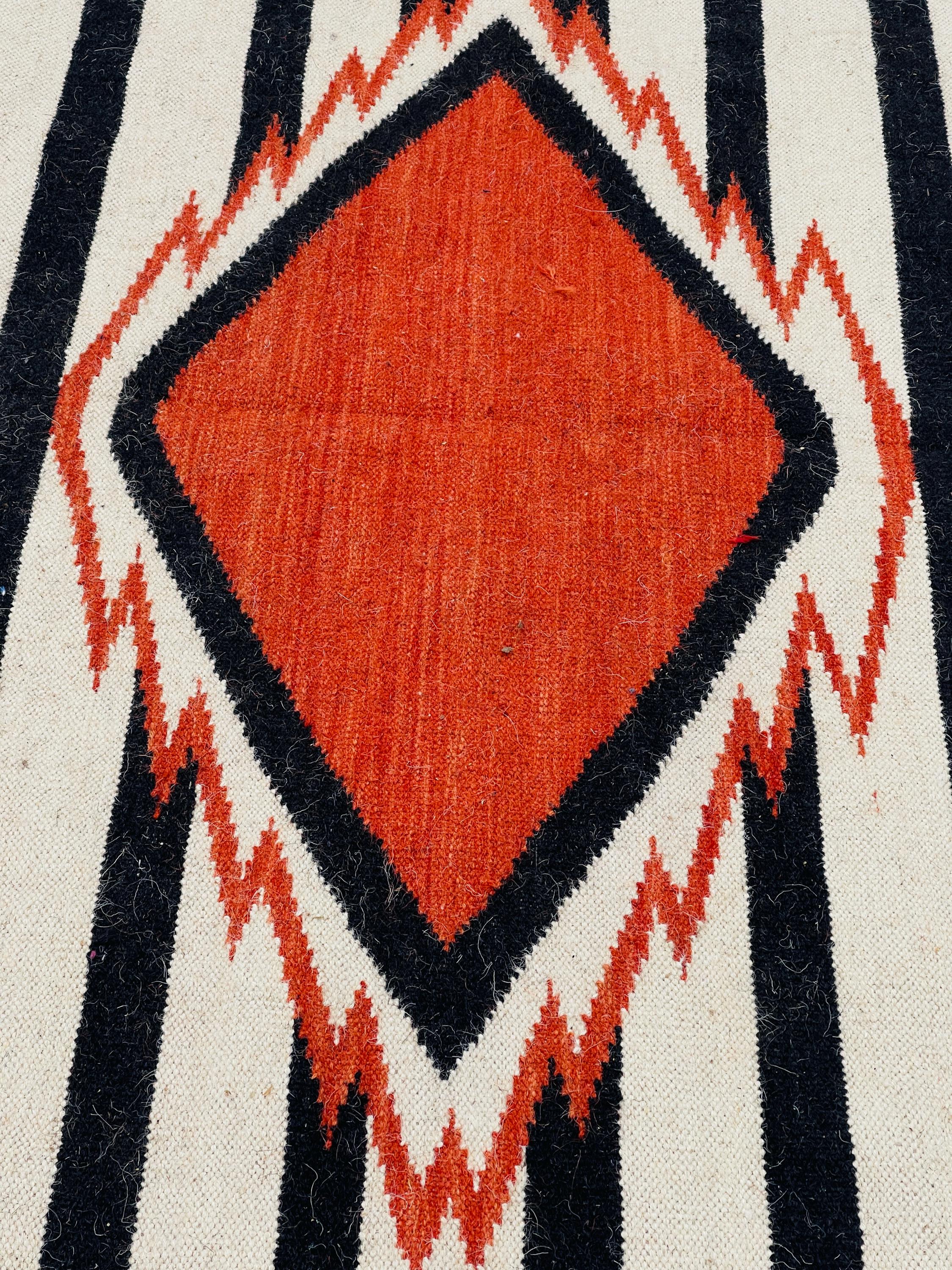 black white and orange  aztec wool  Rug - striped wool kilim,  100%wool rug , 8x10 black and cream rug,