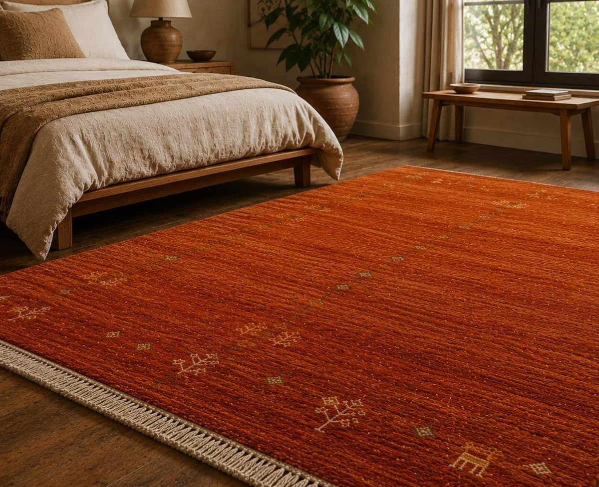 Hand-Knotted Gabbeh Wool Rug – Persian Tribal Thick Pile Rug, Terracotta/Rust Orange