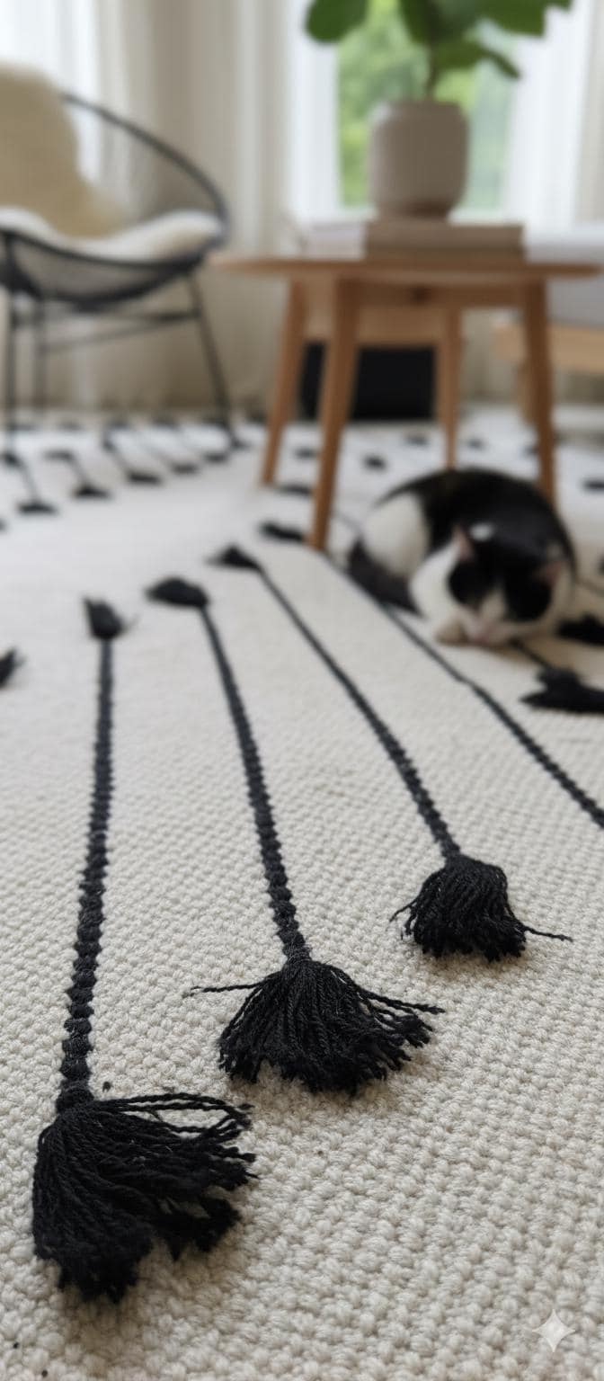 Handwoven Cotton Area Rug with Tassels, Boho Chic, Black and White Rug