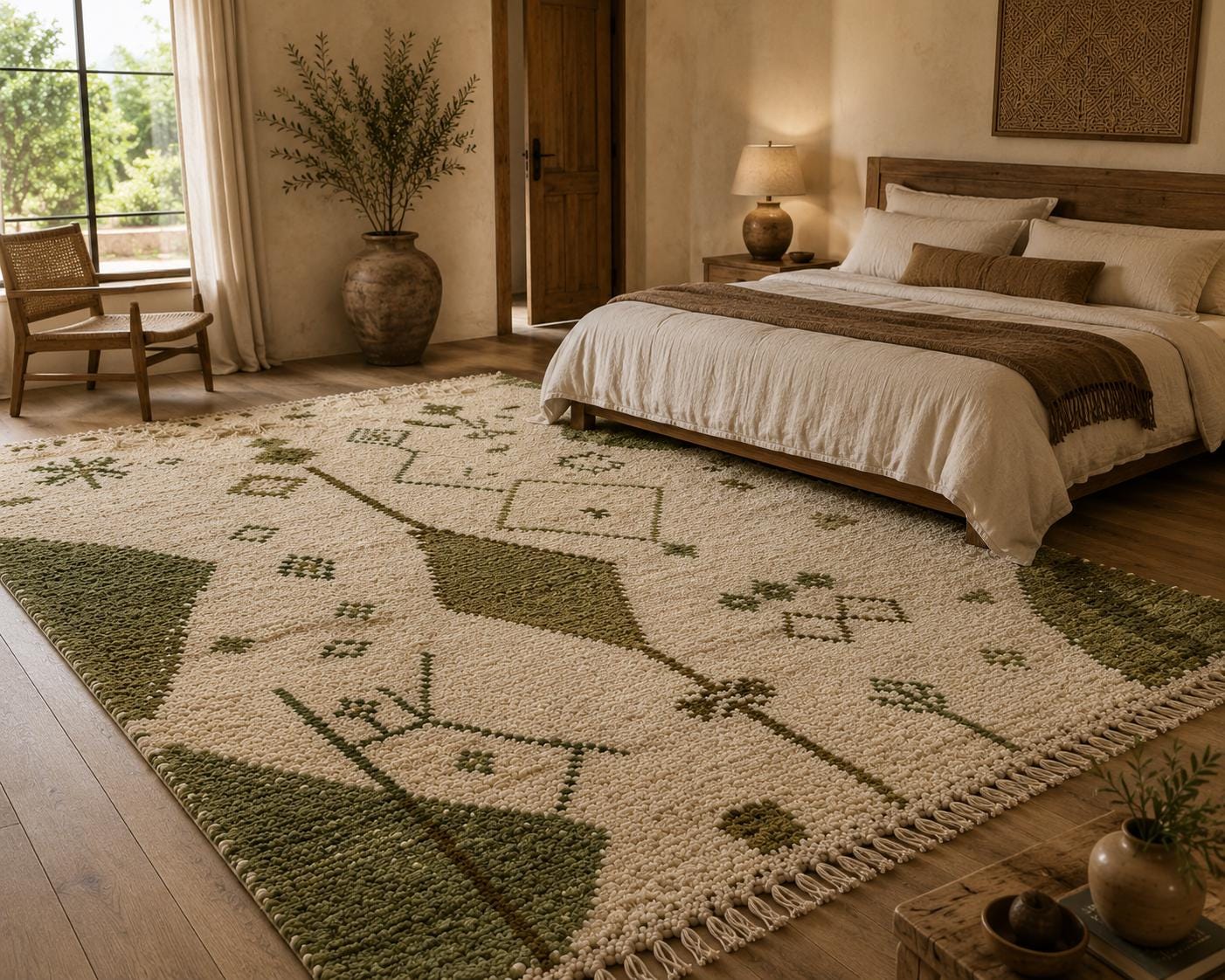 Sage green Hand-Knotted Wool Rug, Natural Sheep Wool Carpet, Medium Pile Rug, 8x10 Custom Rug, green and ivory Contemporary Bedroom Rug