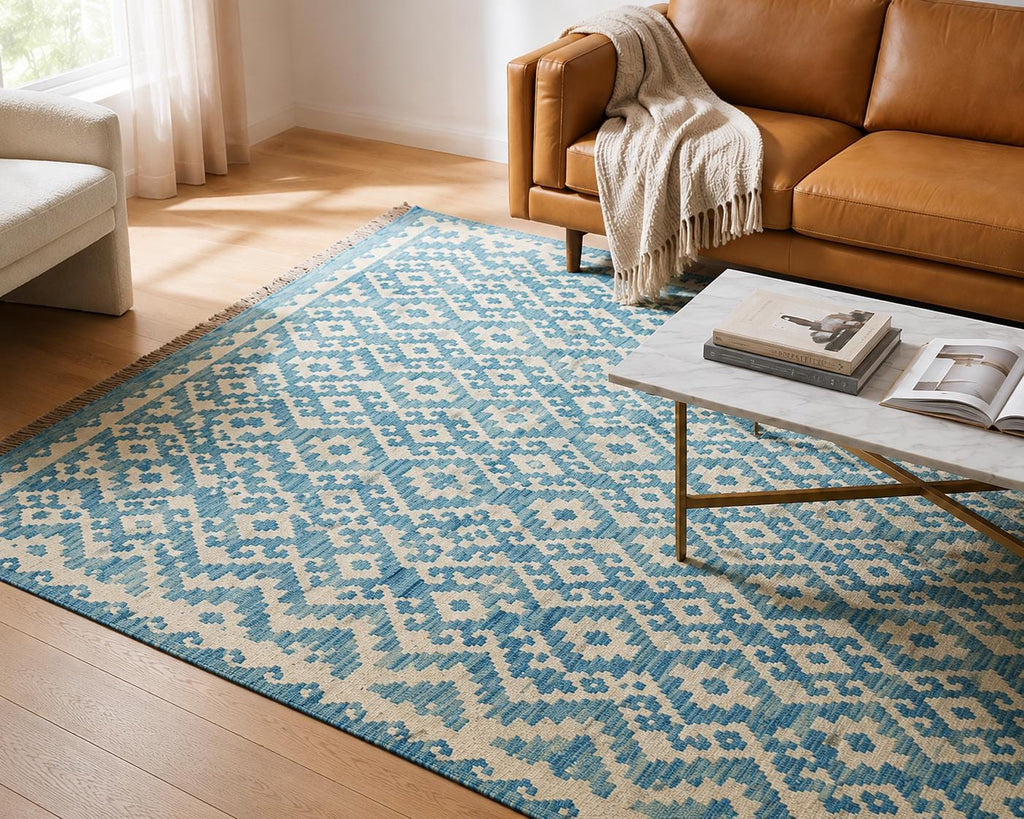 Handwoven Blue Ivory Wool Kilim Rug, Large Boho Tribal Flatweave Area Rug, blue kilim