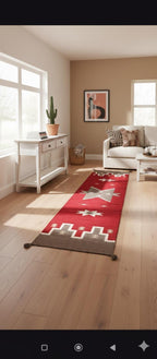 Red kitchen rug, Native American Runner Rug 3x12 ft | Tribal Geometric Flatweave Hallway Runner, wool staircase runner