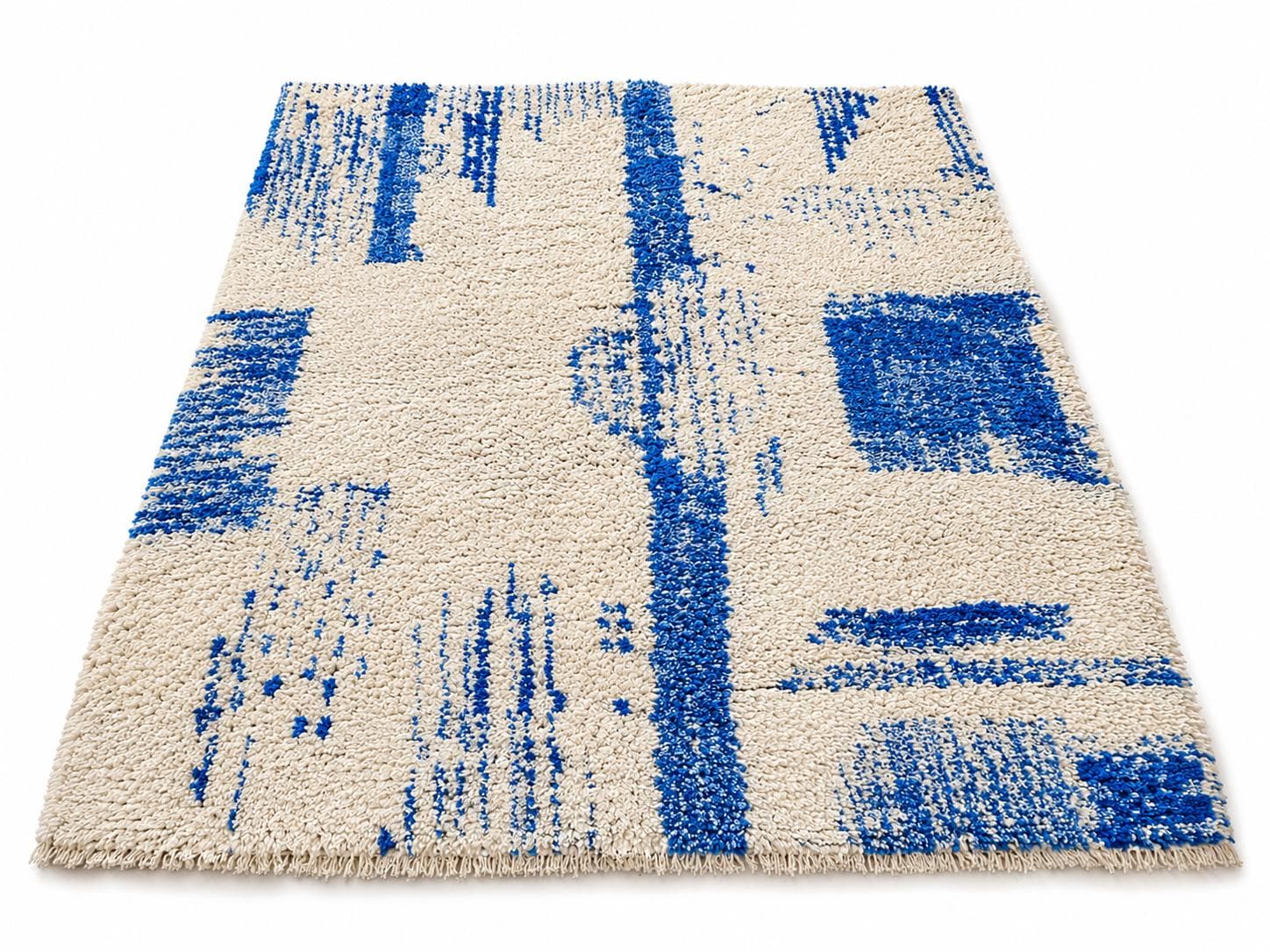 Ivory and Blue wool rug, berber wool rug, high pile rug, vintage inspired rug, blue area rug. Moroccan style rug