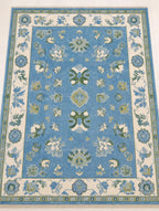 blue Hand Knotted oushak rug, floral woolen rug, Traditional persian Style rug, blue carpet
