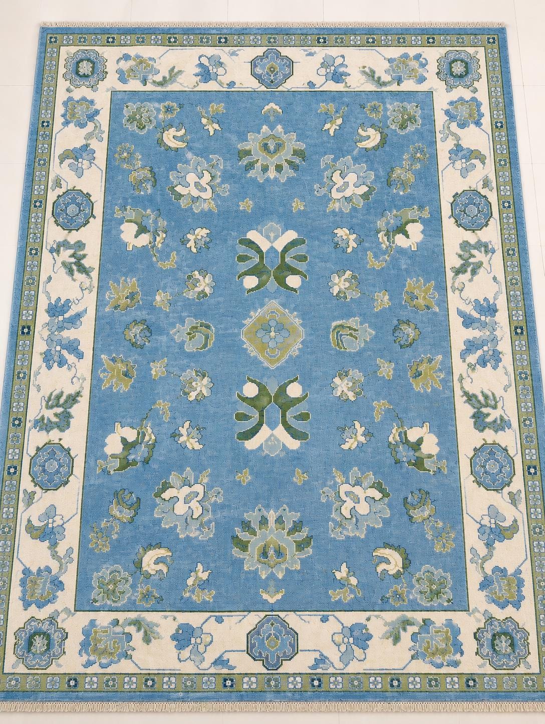blue Hand Knotted oushak rug, floral woolen rug, Traditional persian Style rug, blue carpet