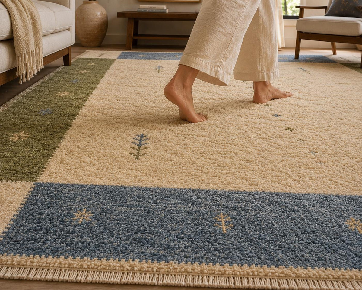 Hand-Knotted Gabbeh Wool Rug – Persian Tribal Thick Pile Rug, Olive/Sage Green