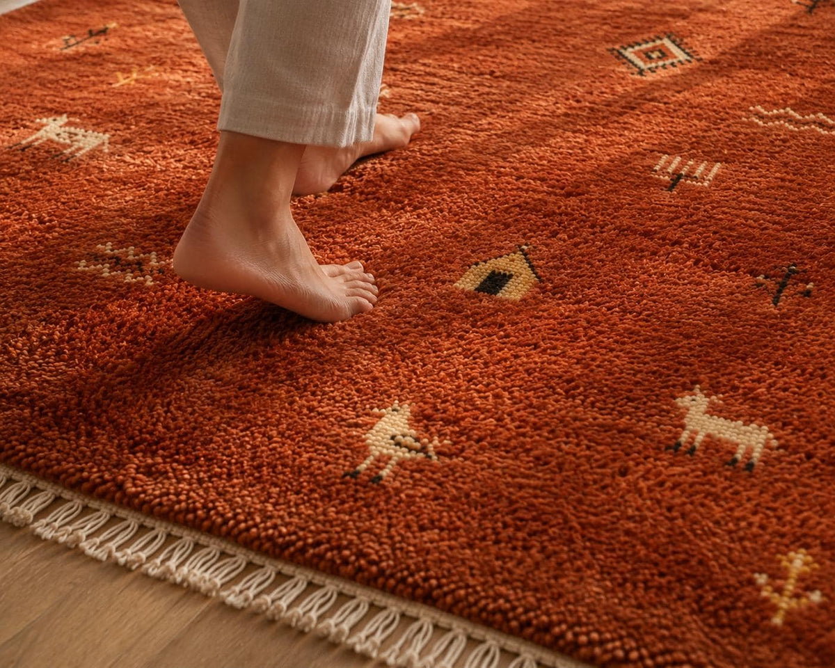 Hand-Knotted Gabbeh Wool Rug – Persian Tribal Thick Pile Rug, Terracotta/Rust