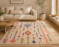 Colorful Moroccan inspired Rug 8x10, Azilal Berber Wool Area Rug, Ivory white Geometric Tribal Carpet