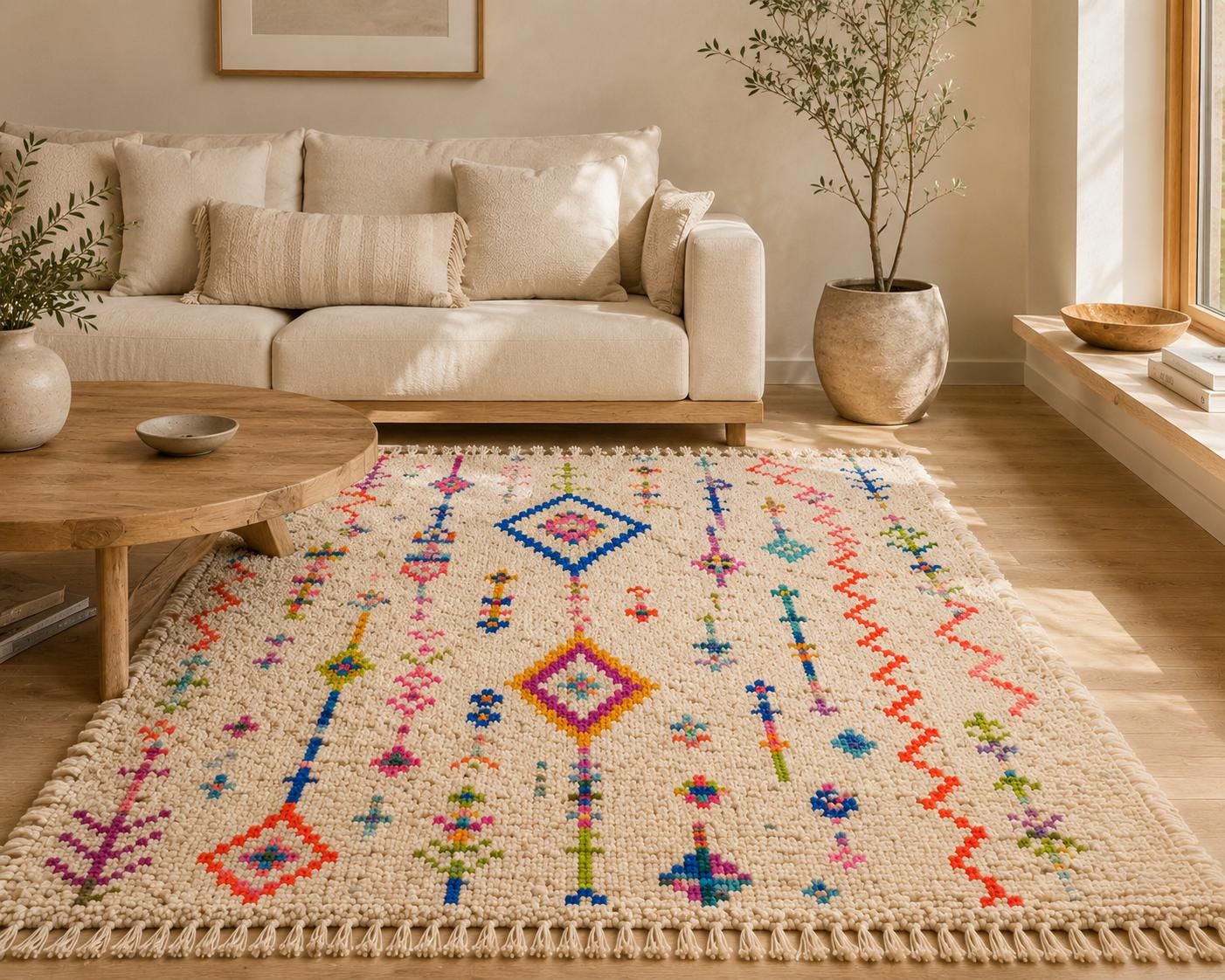Colorful Moroccan inspired Rug 8x10, Azilal Berber Wool Area Rug, Ivory white Geometric Tribal Carpet
