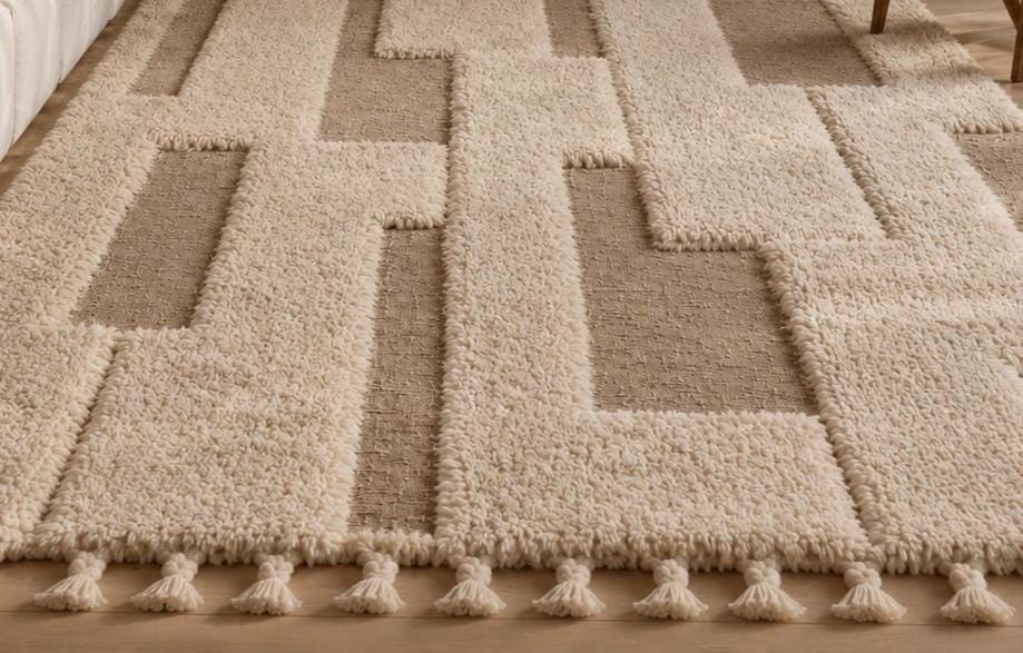 Hand-Knotted Beni Ourain Wool Rug – Neutral Geometric Design, Ivory White