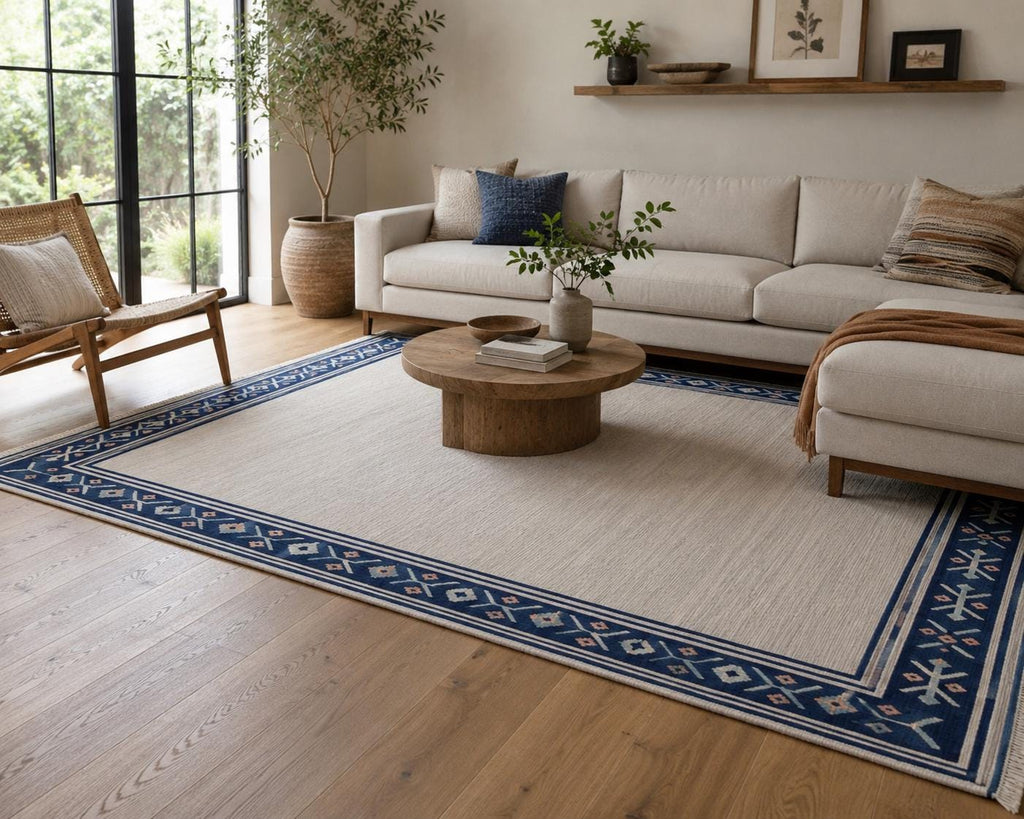Beige and blue  Handwoven Wool Kilim Rug, blue bordered Kilim for bedroom, Rustic Boho Tribal Flatweave,