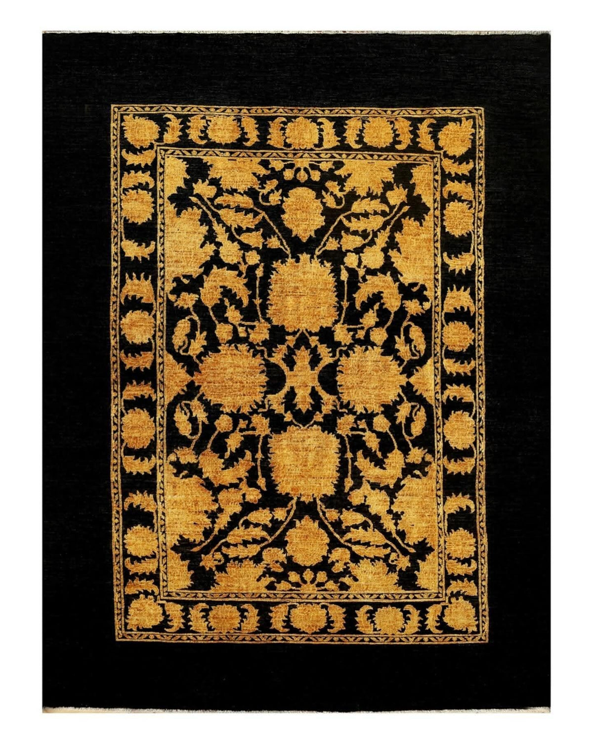 Hand-Knotted Ziegler Chobi Wool Rug – Traditional Floral Bordered Design, Black & Mustard Gold