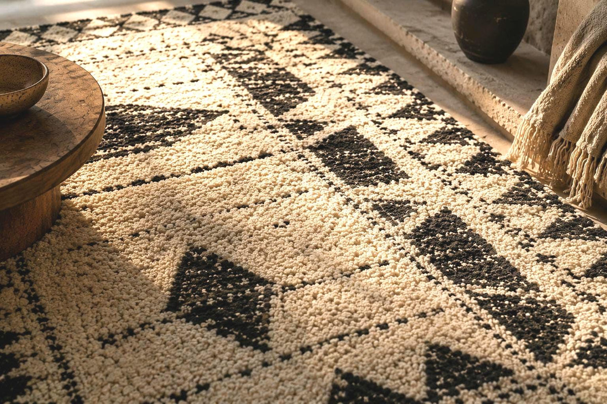 Hand-Knotted Moroccan Wool Rug – Abstract Tribal Design, Black & Ivory