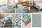 Handwoven Blue Ivory Wool Kilim Rug, Large Boho Tribal Flatweave Area Rug, blue kilim