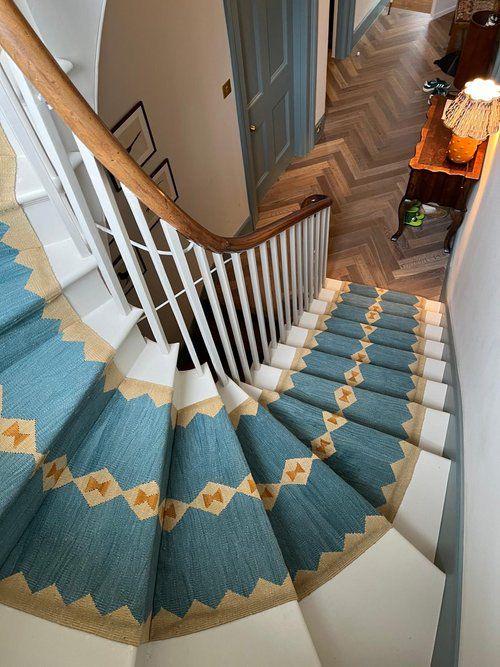 Custom Kilim Stair Runner | Handmade Wool Stair Carpet | Blue Geometric Runner Rug