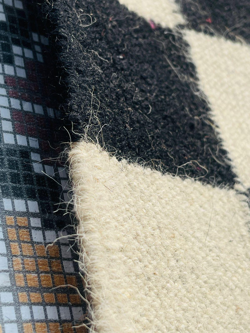 Checkered  Black Geometrical kilim rug, black and cream runner rug,