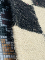 Checkered  Black Geometrical kilim rug, black and cream runner rug,