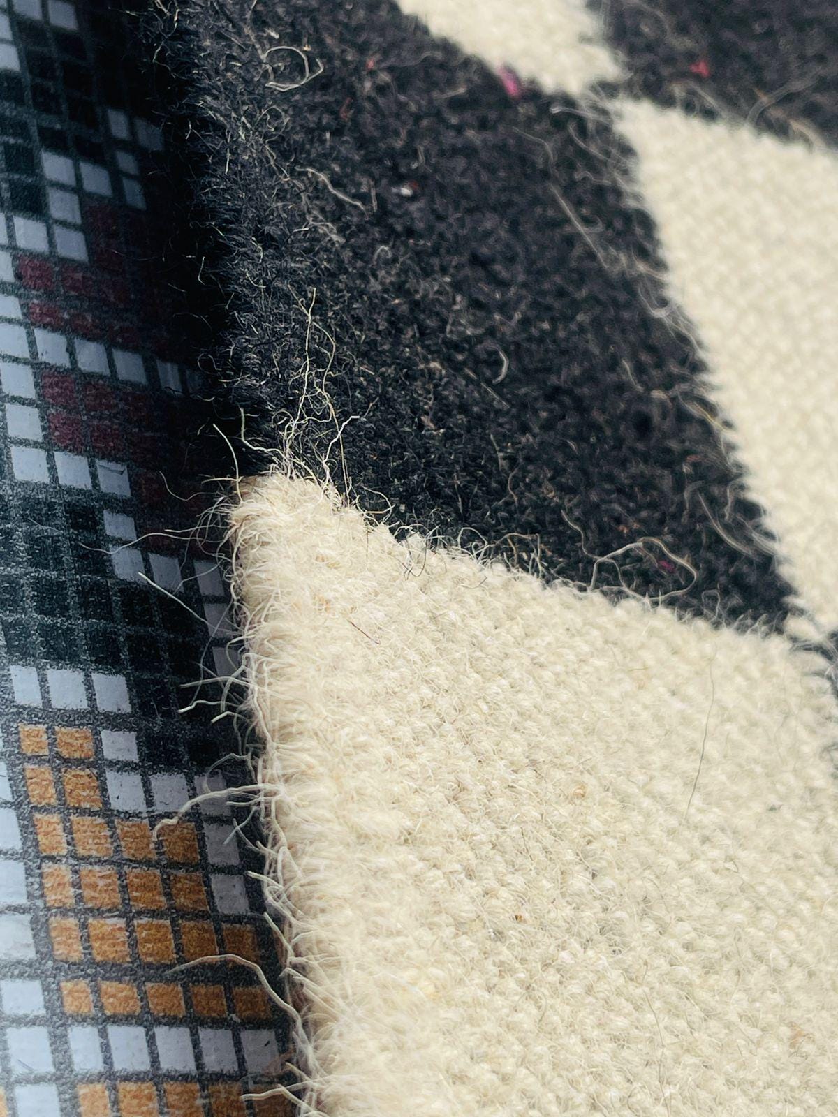 Checkered  Black Geometrical kilim rug, black and cream runner rug,