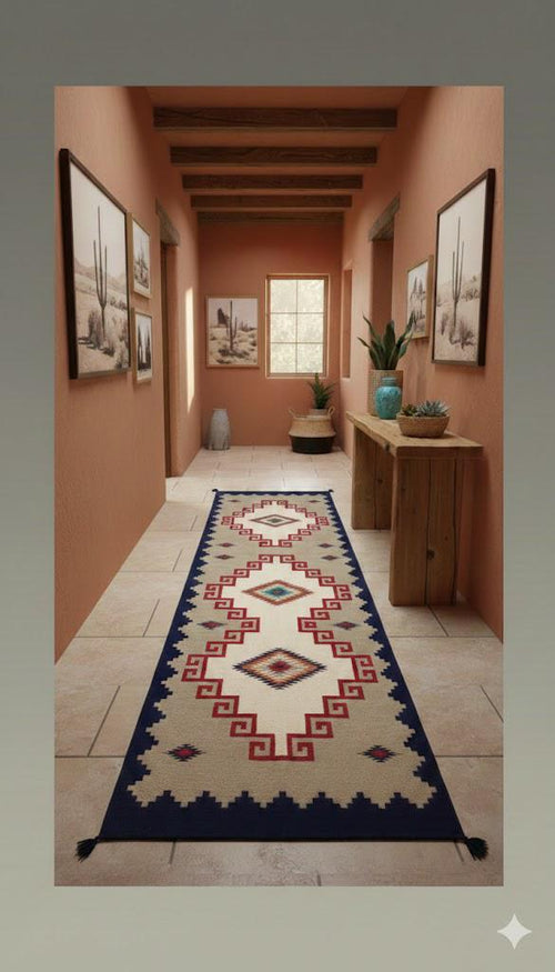 3x18 Handmade Blue Grey Navajo Runner|Handwoven Southwestern Hallway Runner|Handcrafted Wool Stair Runner |All Sizes Custom Kilim Runner Rug