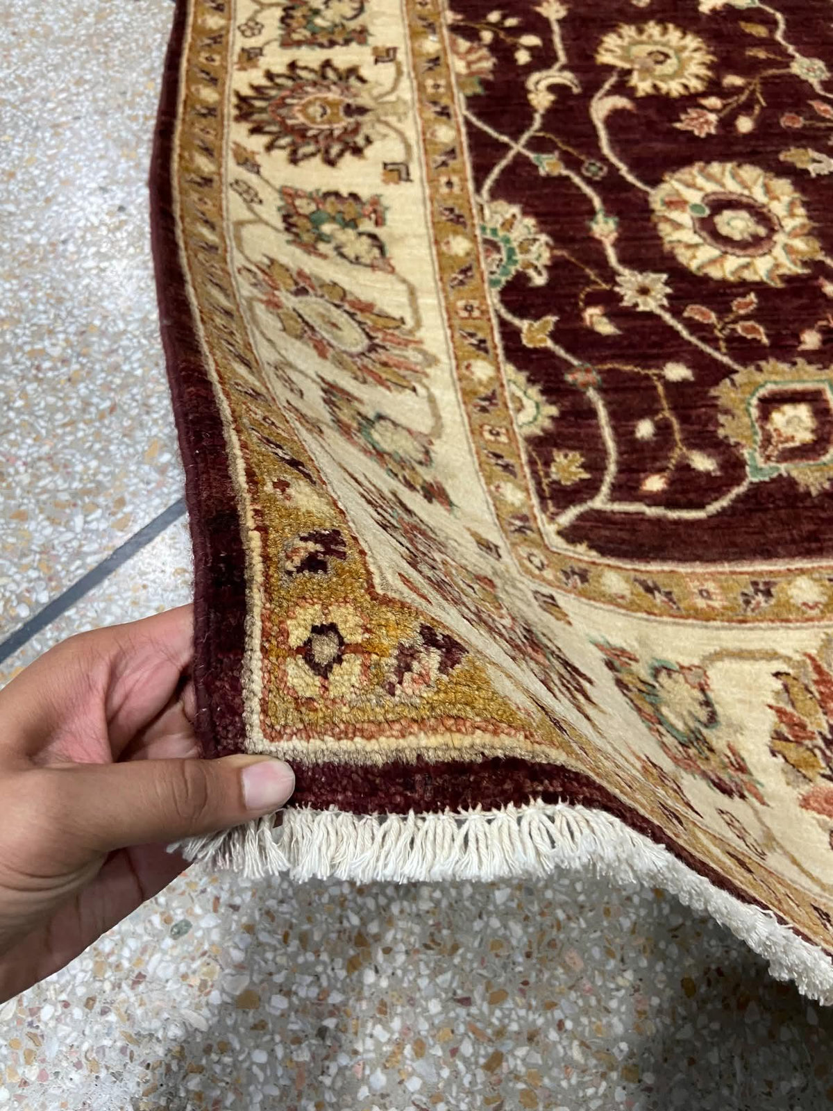 Hand Knotted Wool Ziegler Chobi Rug, Burgundy Floral Traditional Oriental Carpet, wine and beige carpet