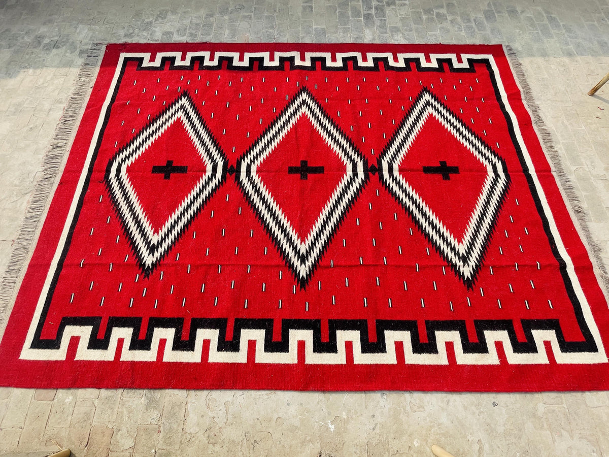 Handwoven Navajo Wool Rug – Southwestern Boho Ranch Design, Red & Black (8x10ft)