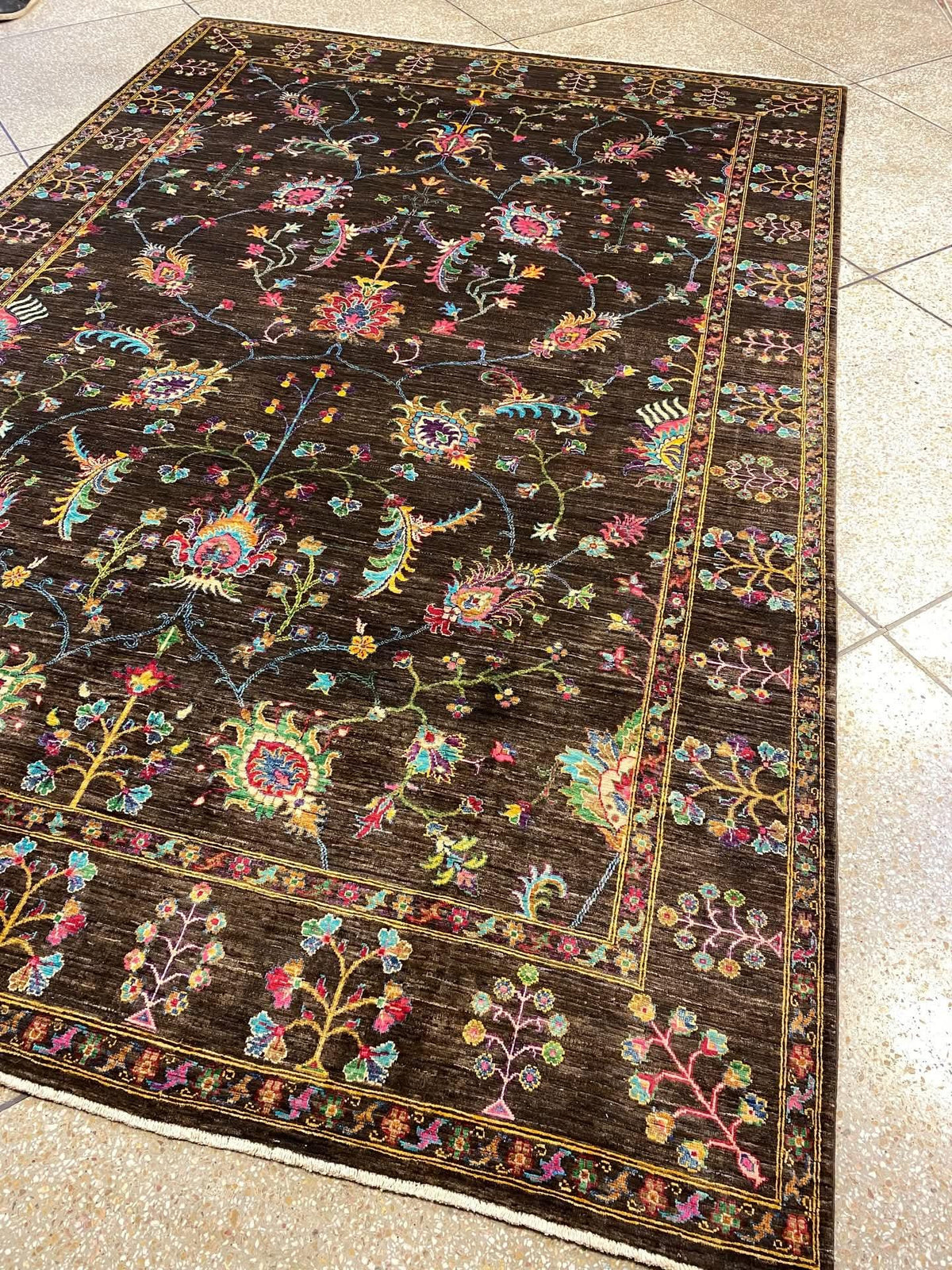 Hand-Knotted Ziegler Chobi Wool Rug – Traditional Floral Bordered Design, Brown/Cognac, Black & Cream (8x12ft)
