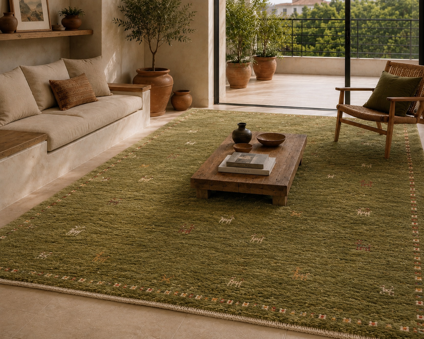 Hand Knotted  green  Gabbeh Wool Rug – Persian Modern Area Rug